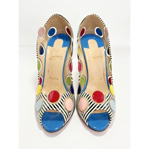 Christian Louboutin Lady Bug Heels Navy/White Stripes Bright Polka Dots Sz 35.5 - Picture 6 of 16